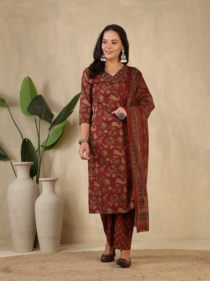 Printed Cotton Blend Suit With Pant &amp; Dupatta