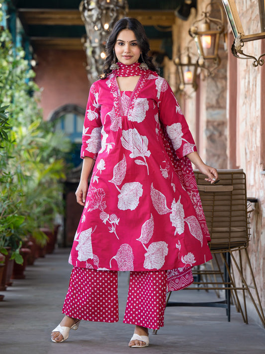 Printed Cotton Blend Kurta With Pants & Dupatta