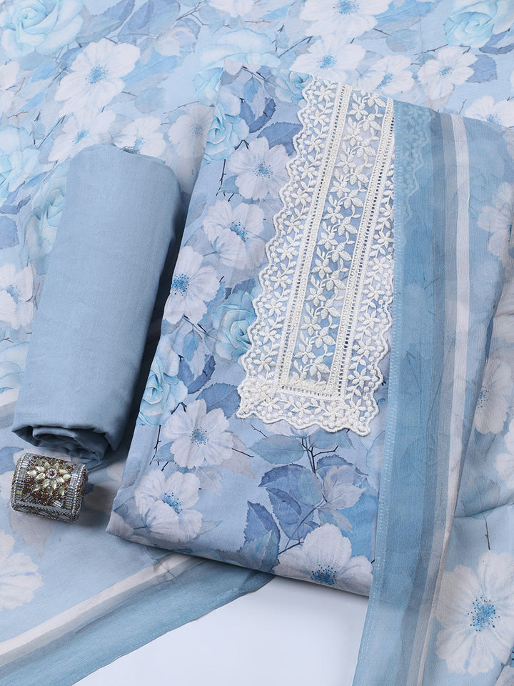 Plain Cotton Blend Unstitched Suit With Pant &amp; Dupatta
