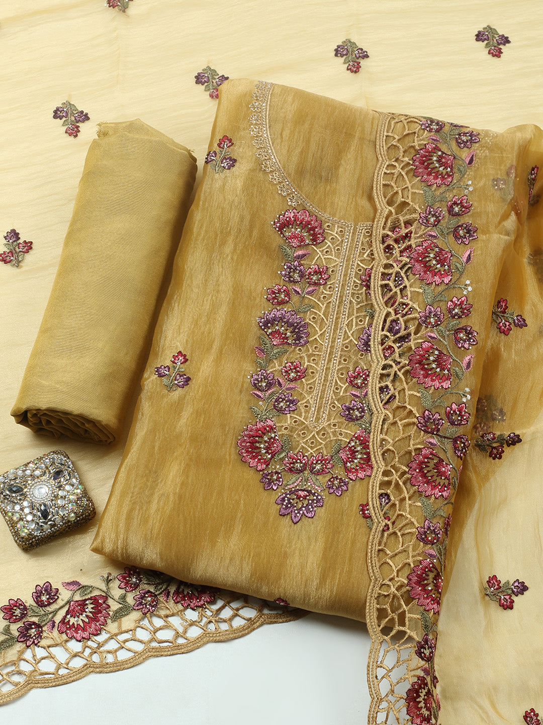Embroidered Tissue Unstitched Suit With Pant &amp; Dupatta