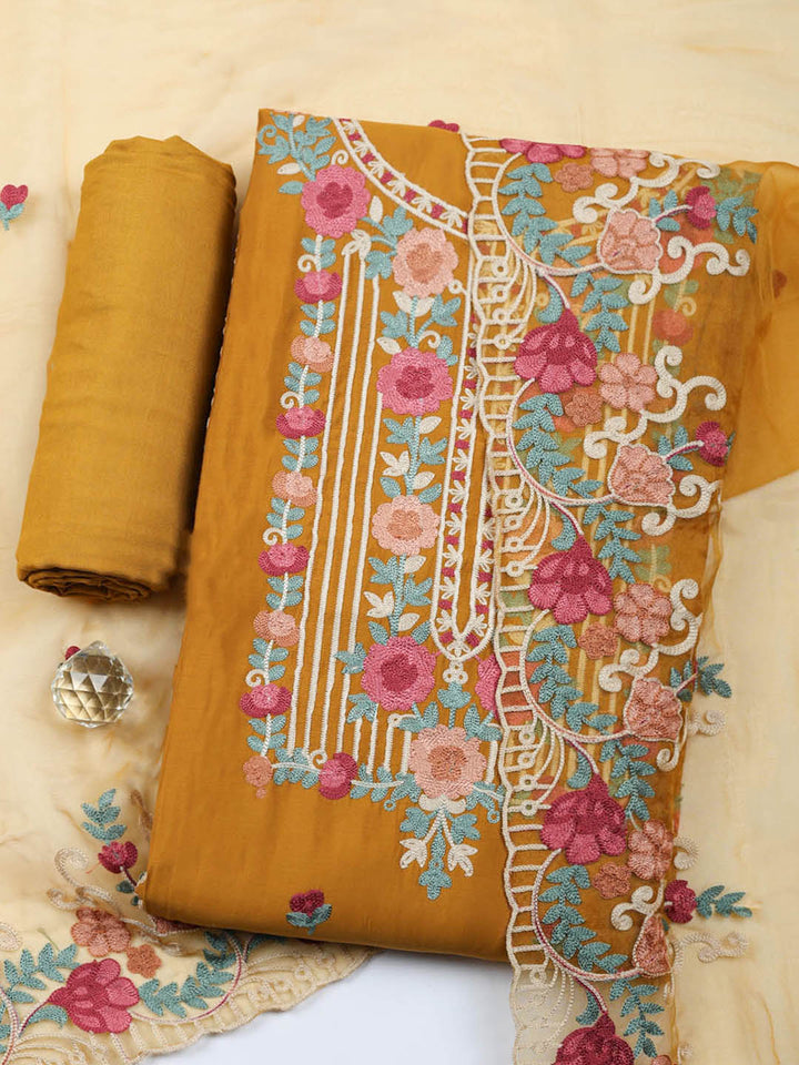Embroidered Cotton Blend Unstitched Suit With Pant &amp; Dupatta