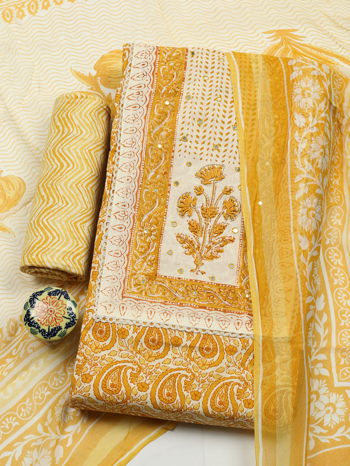 Printed Cotton Blend Unstitched Suit With Pant &amp; Dupatta