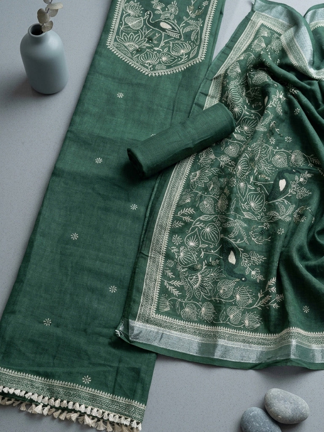 Embroidered Linen Blend Unstitched Suit With Pant &amp; Dupatta