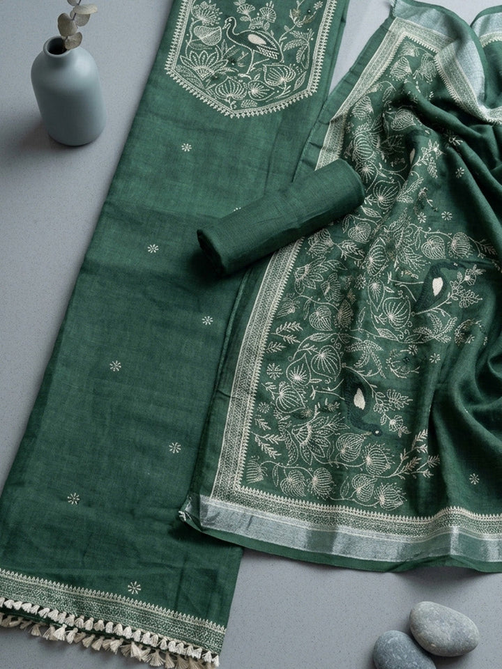 Embroidered Linen Blend Unstitched Suit With Pant &amp; Dupatta