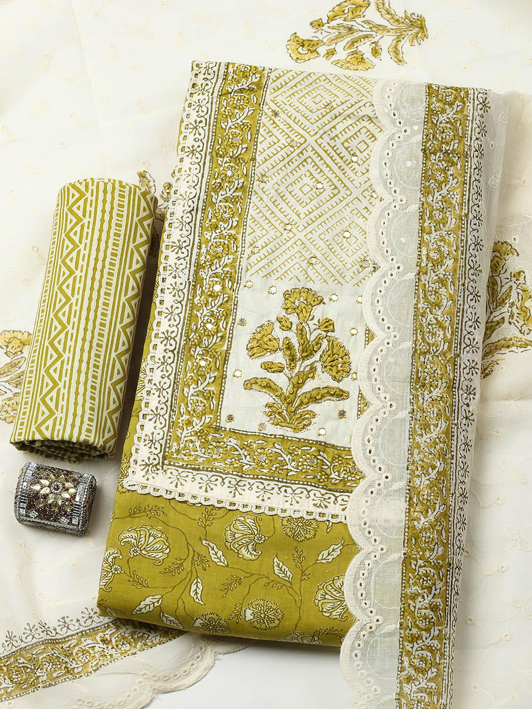 Printed Cotton Blend Unstitched Suit With Pant &amp; Dupatta