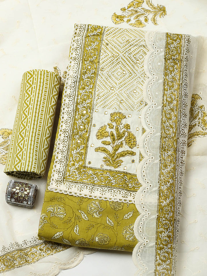 Printed Cotton Blend Unstitched Suit With Pant &amp; Dupatta