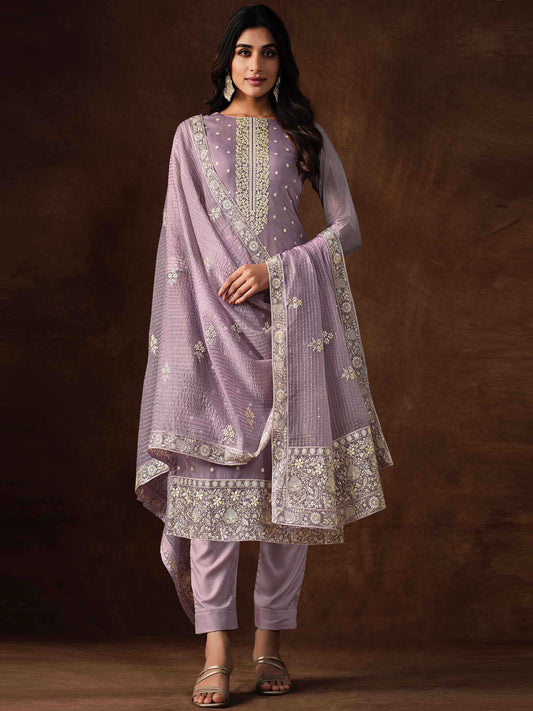 Resham Sequins Work Organza Semi Stitched Suit