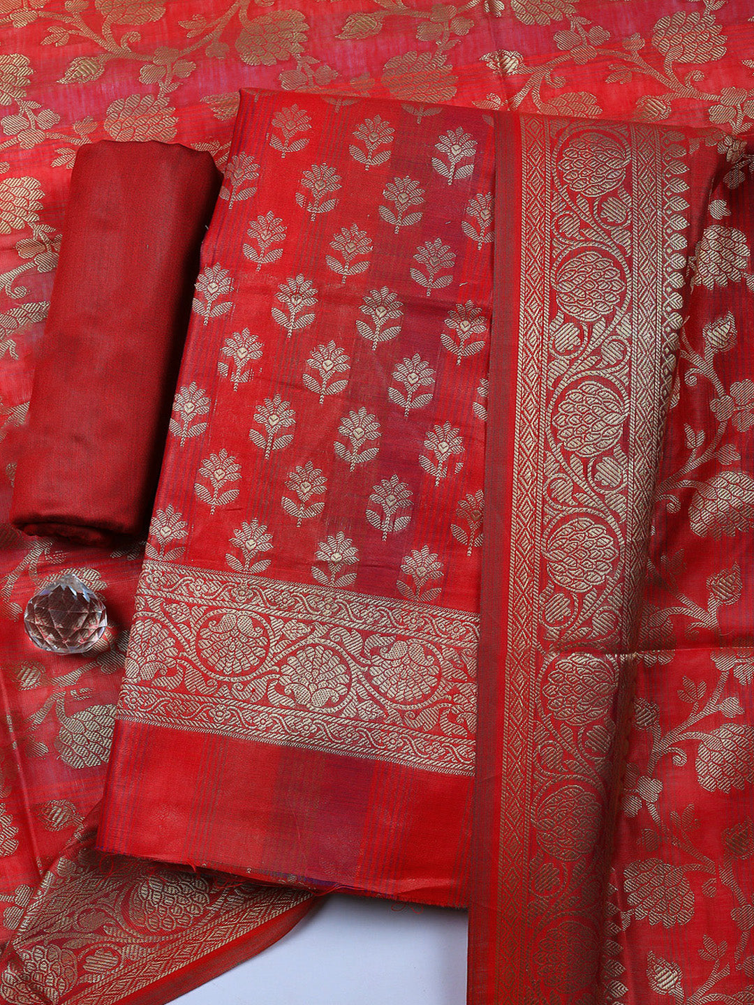 Woven Design Chanderi Unstitched Suit With Pant &amp; Dupatta