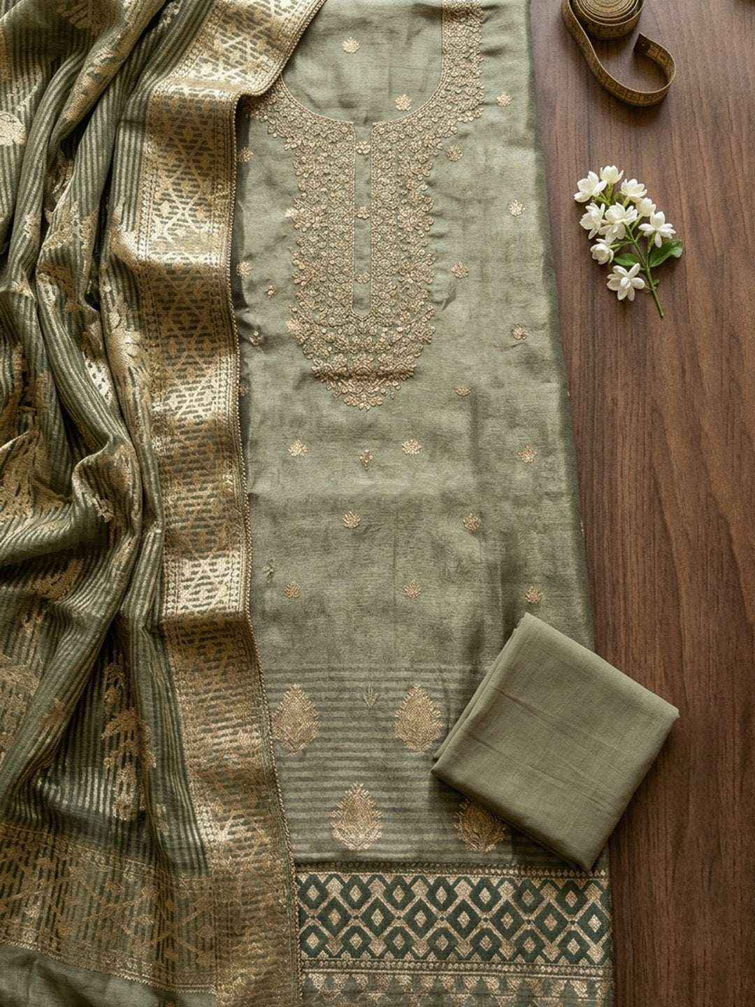 Embroidered Tissue Unstitched Suit With Pant &amp; Dupatta