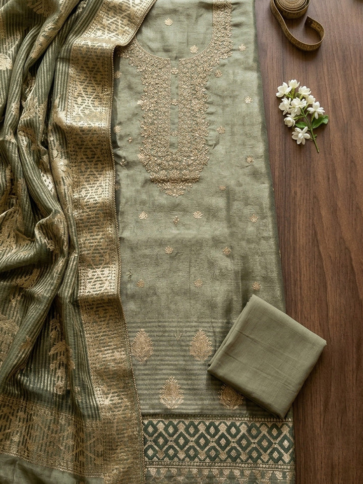 Embroidered Tissue Unstitched Suit With Pant &amp; Dupatta