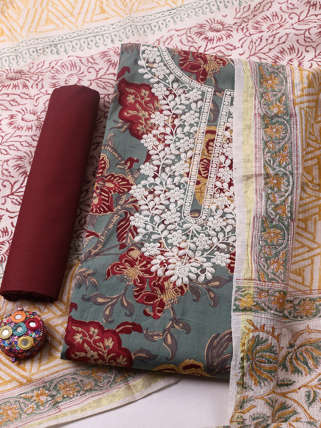 Printed Cotton Blend Unstitched Suit With Pant &amp; Dupatta