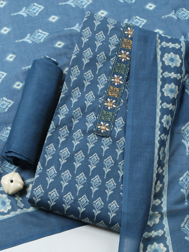 Embroidered Cotton Blend Unstitched Suit With Pant &amp; Dupatta