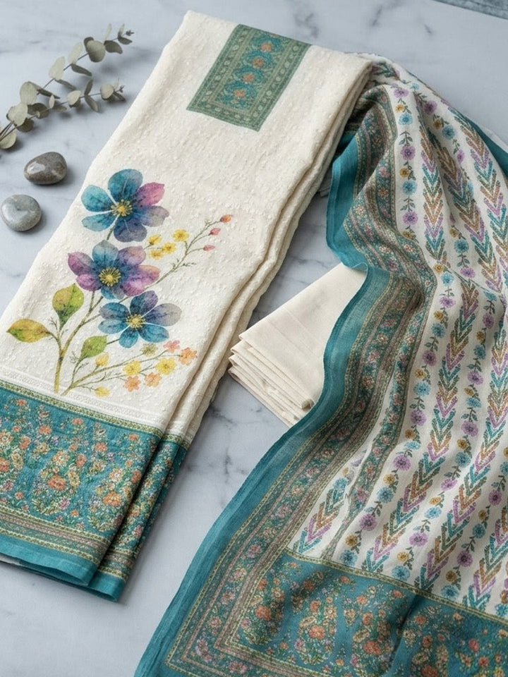 Embroidered Cotton Blend Unstitched Suit With Pant &amp; Dupatta
