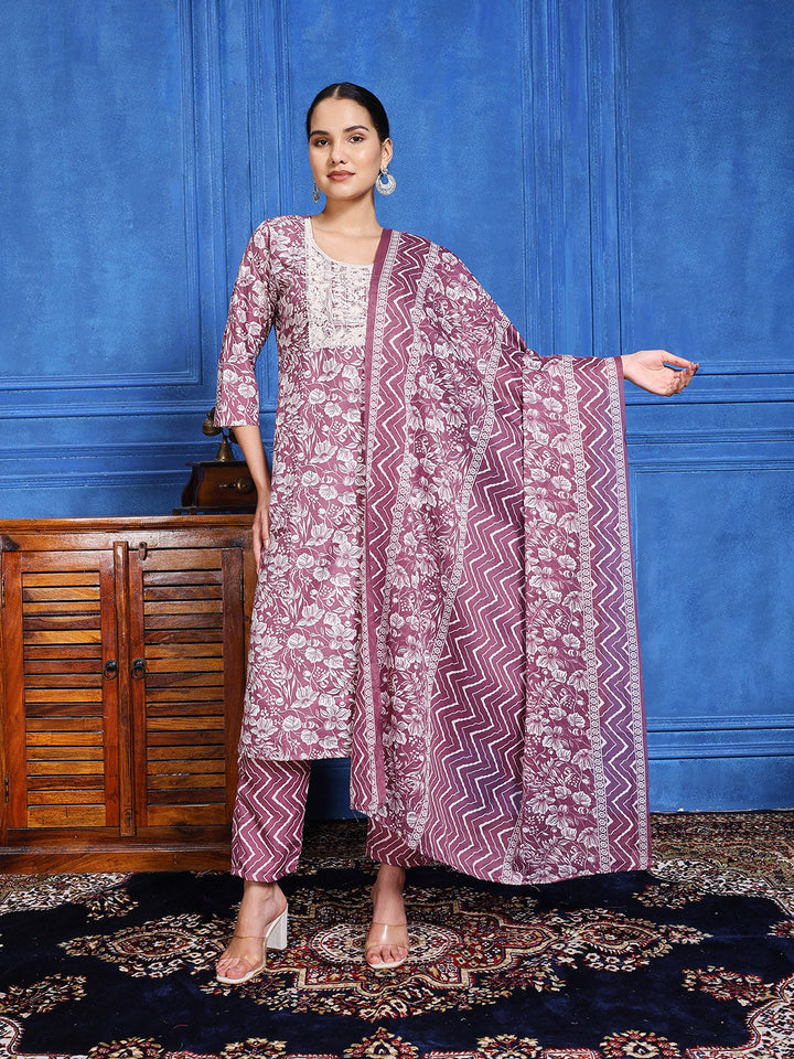 Printed Cotton Blend Kurta With Pants &amp; Dupatta