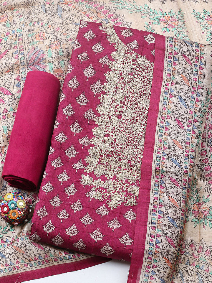 Embroidered Cotton Blend Unstitched Suit With Pant &amp; Dupatta