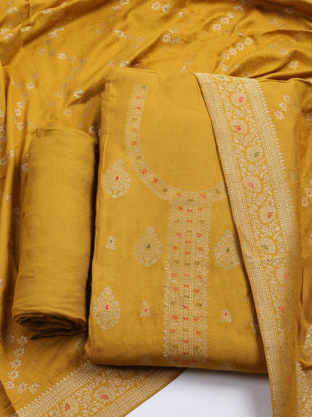 Pashmina Woven Design Unstitched Kurta With Pant &amp; Dupatta