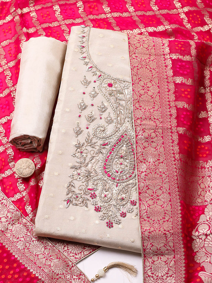 Embroidered Chanderi Unstitched Suit With Pant &amp; Dupatta