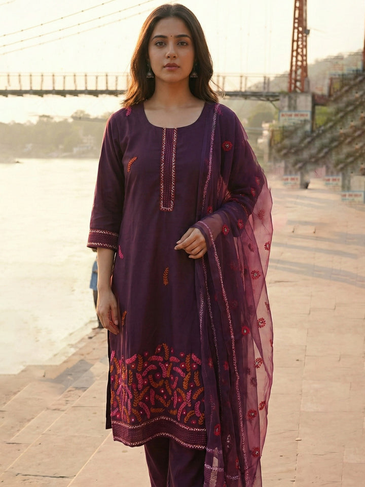 Wine Art Silk Printed Straight Suit Set