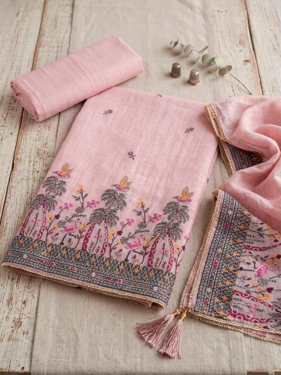 Embroidered Linen Blend Unstitched Suit With Pant &amp; Dupatta