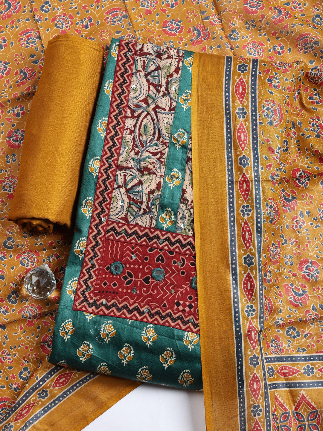 Printed Cotton Blend Unstitched Suit With Pant &amp; Dupatta