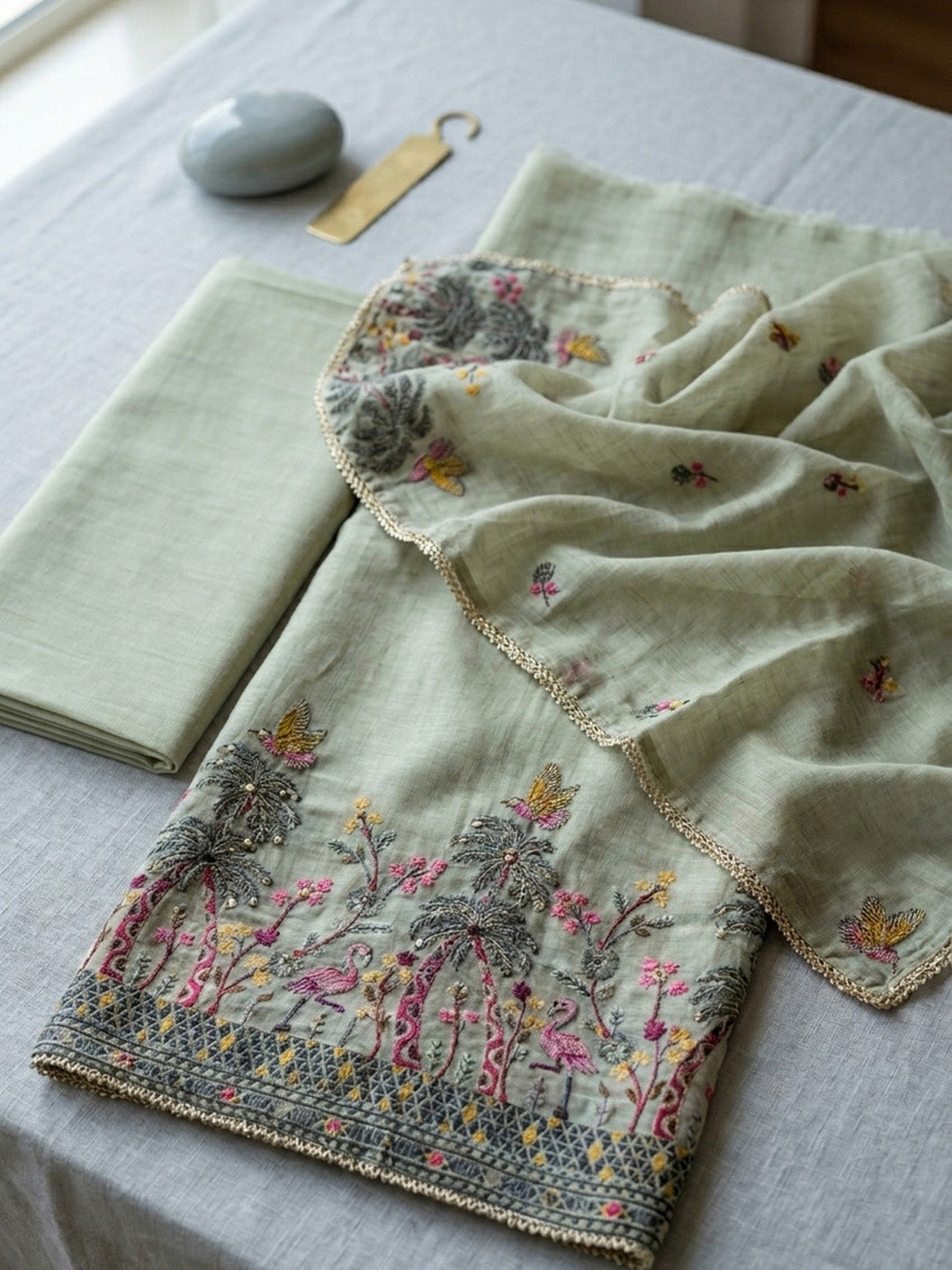 Embroidered Linen Blend Unstitched Suit With Pant &amp; Dupatta