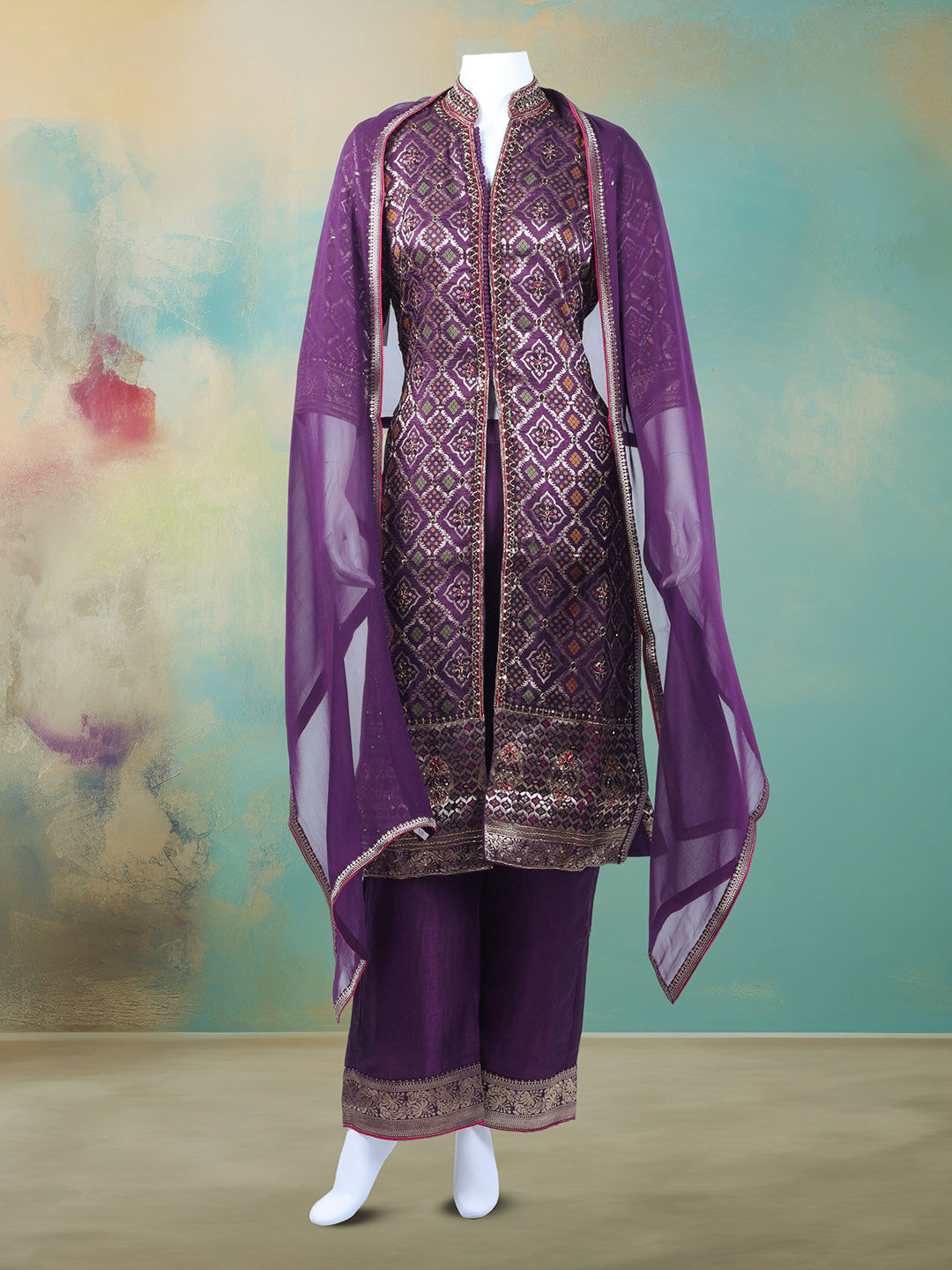 Banarasi Wave With Embroidered Kurta With Palazzo & Dupatta