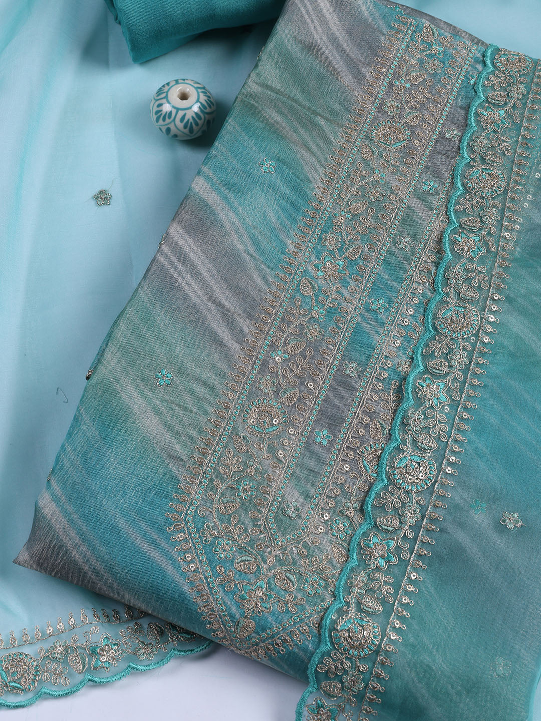 Neck Embroidery Tissue Unstitched Suit Piece With Dupatta