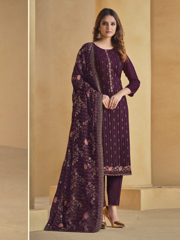 Neck Embroidered Chinon Unstitched Suit Piece With Dupatta