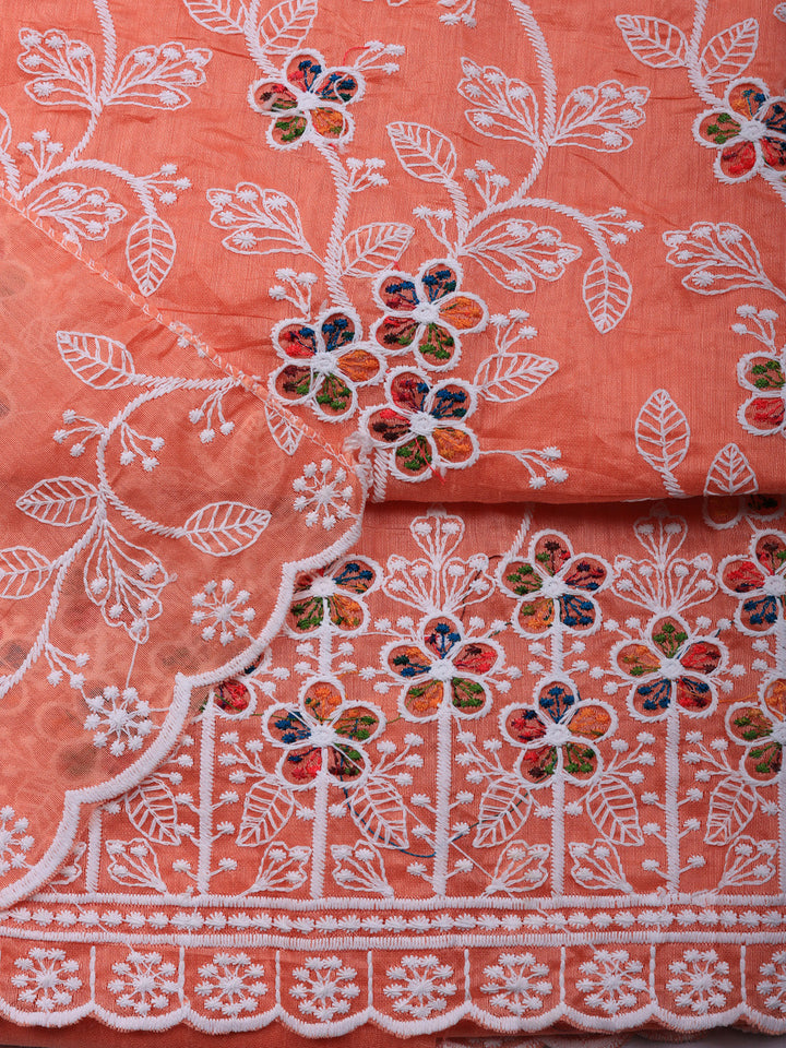 Embroidered Chanderi Unstitched Suit With Pant &amp; Dupatta