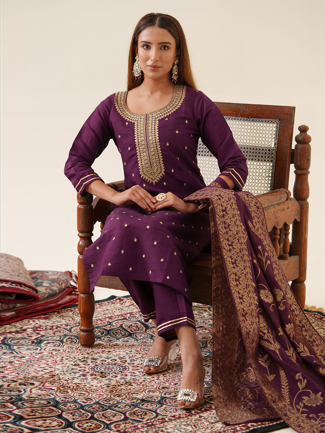 Embroidery Cotton Blend Kurta With Pants & Dupatta