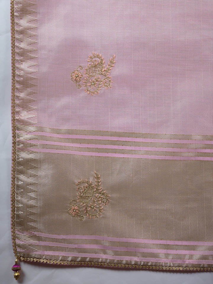 Thread Embroidered Woven Border Linen Saree