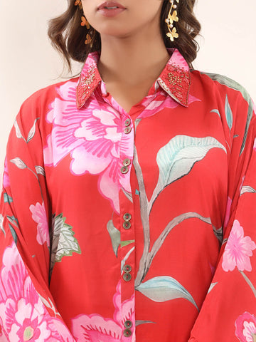 Floral Printed Muslin Kaftan Kurti With Pants