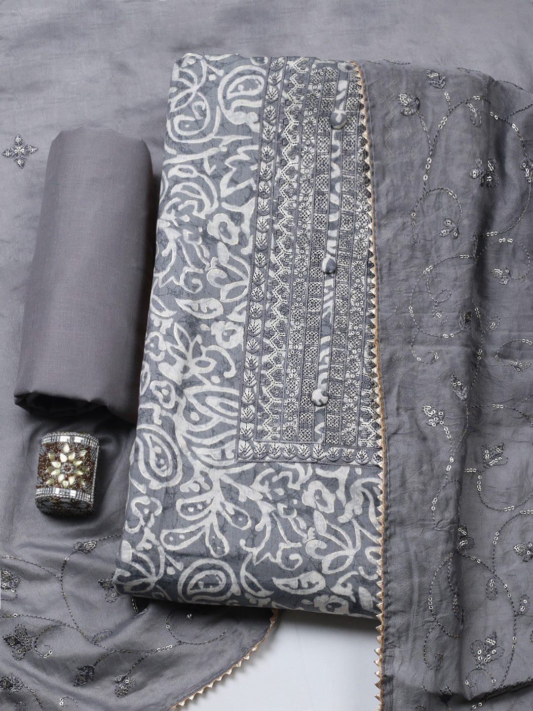 Embroidered Cotton Unstitched Suit With Pant &amp; Dupatta