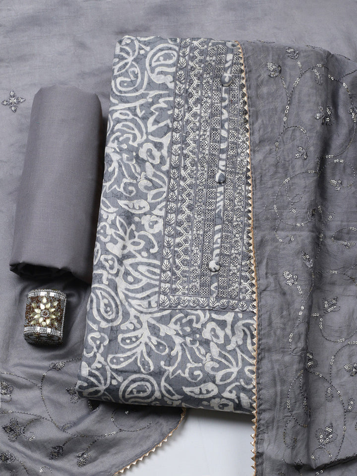 Embroidered Cotton Unstitched Suit With Pant &amp; Dupatta