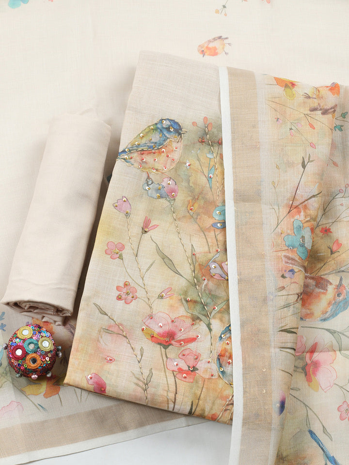 Printed Linen Blend Unstitched Suit With Pant &amp; Dupatta
