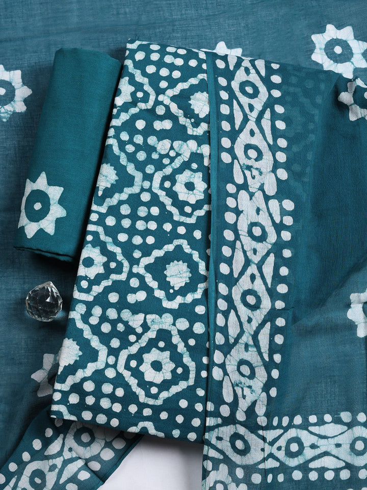 Printed Cotton Blend Unstitched Suit With Pant &amp; Dupatta