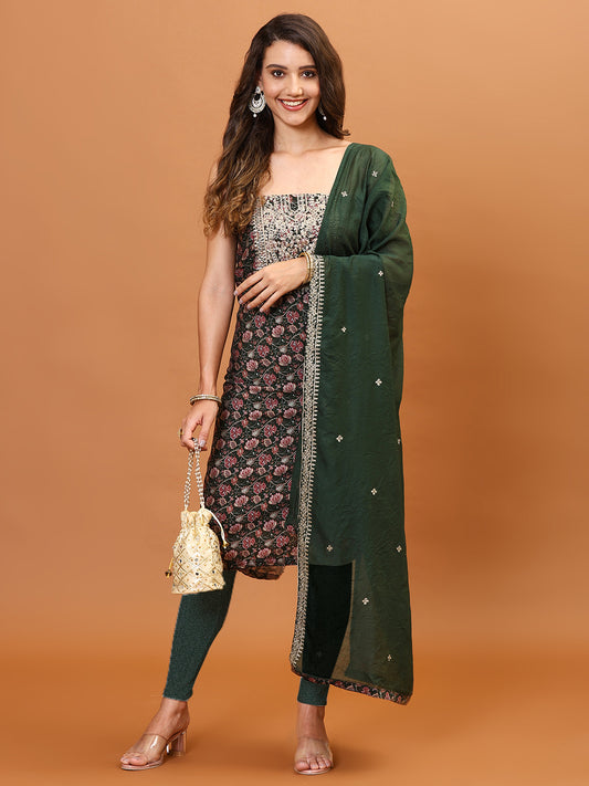 Neck Embroidery & Printed Chanderi Unstitched Suit With Dupatta