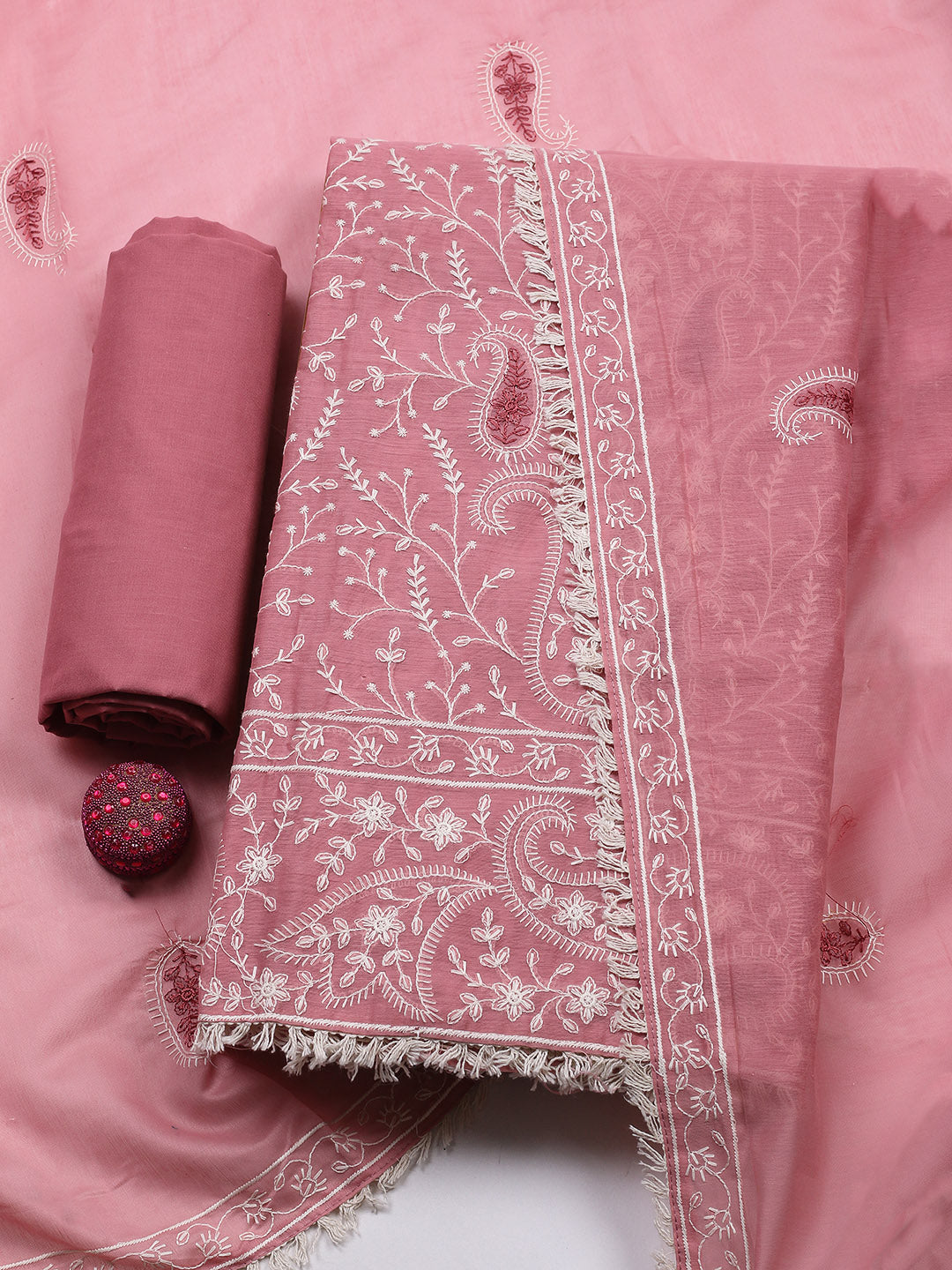 Embroidered Cotton Blend Unstitched Suit With Pant &amp; Dupatta