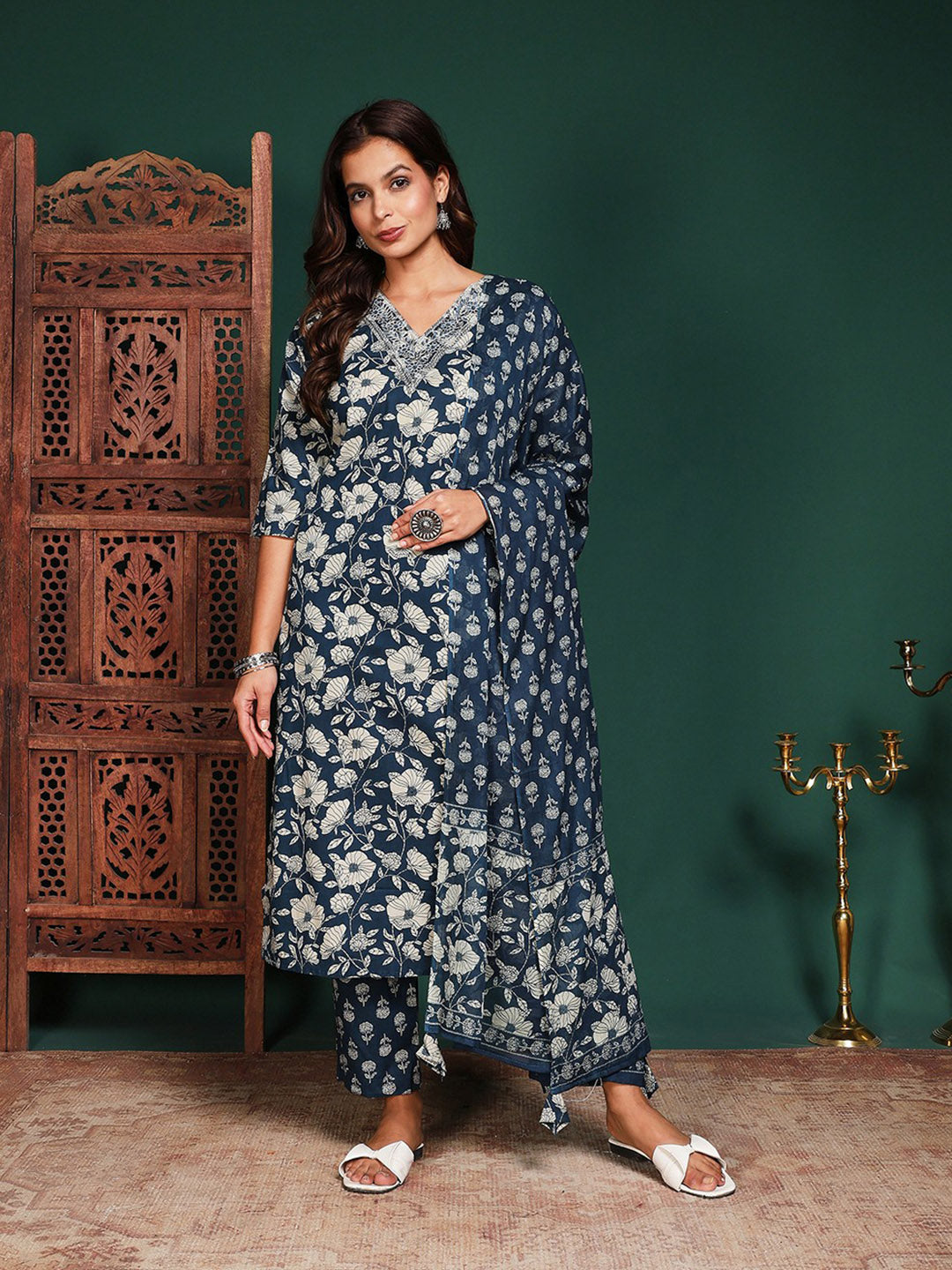 Printed Cotton Blend Kurta With Pant &amp; Dupatta