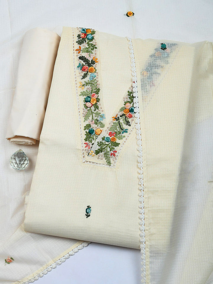 Embroidered Cotton Blend Unstitched Suit With Pant &amp; Dupatta