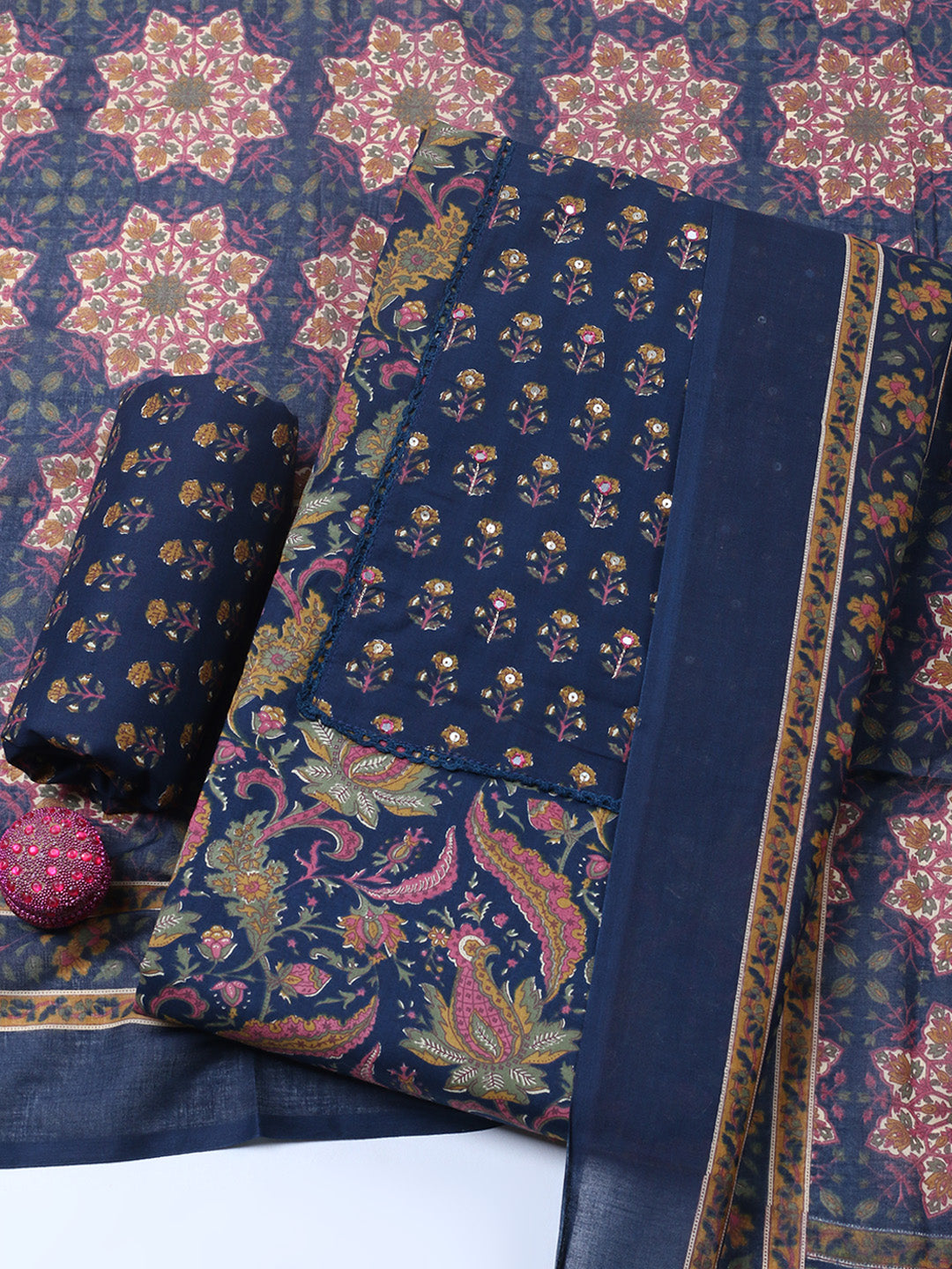 Embroidered Cotton Blend Unstitched Suit With Pant &amp; Dupatta