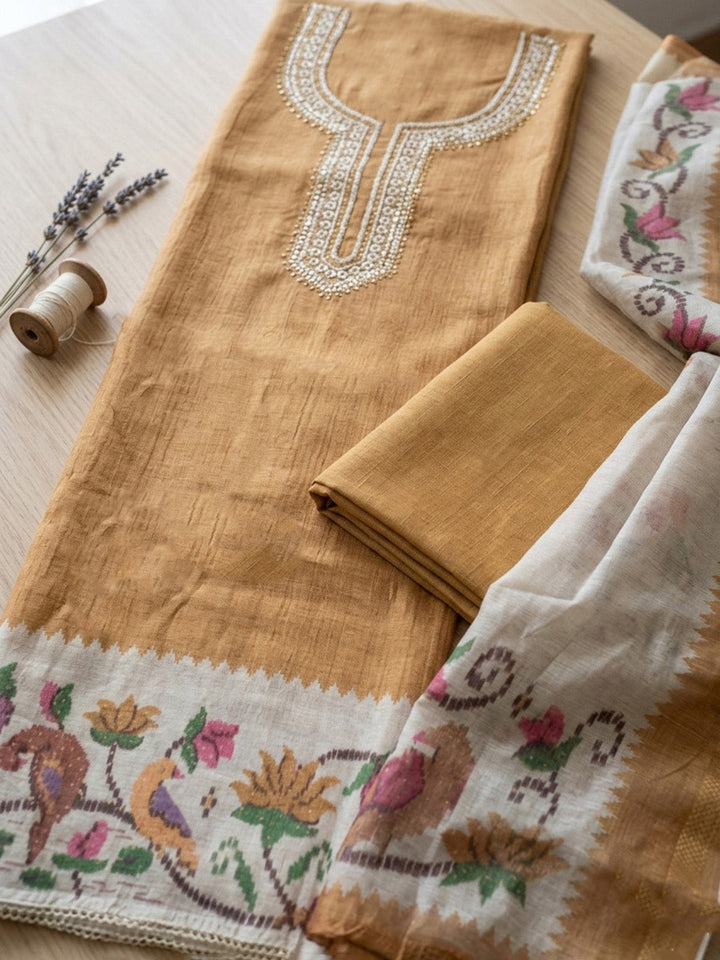 Embroidered Chanderi Unstitched Suit With Pant &amp; Dupatta