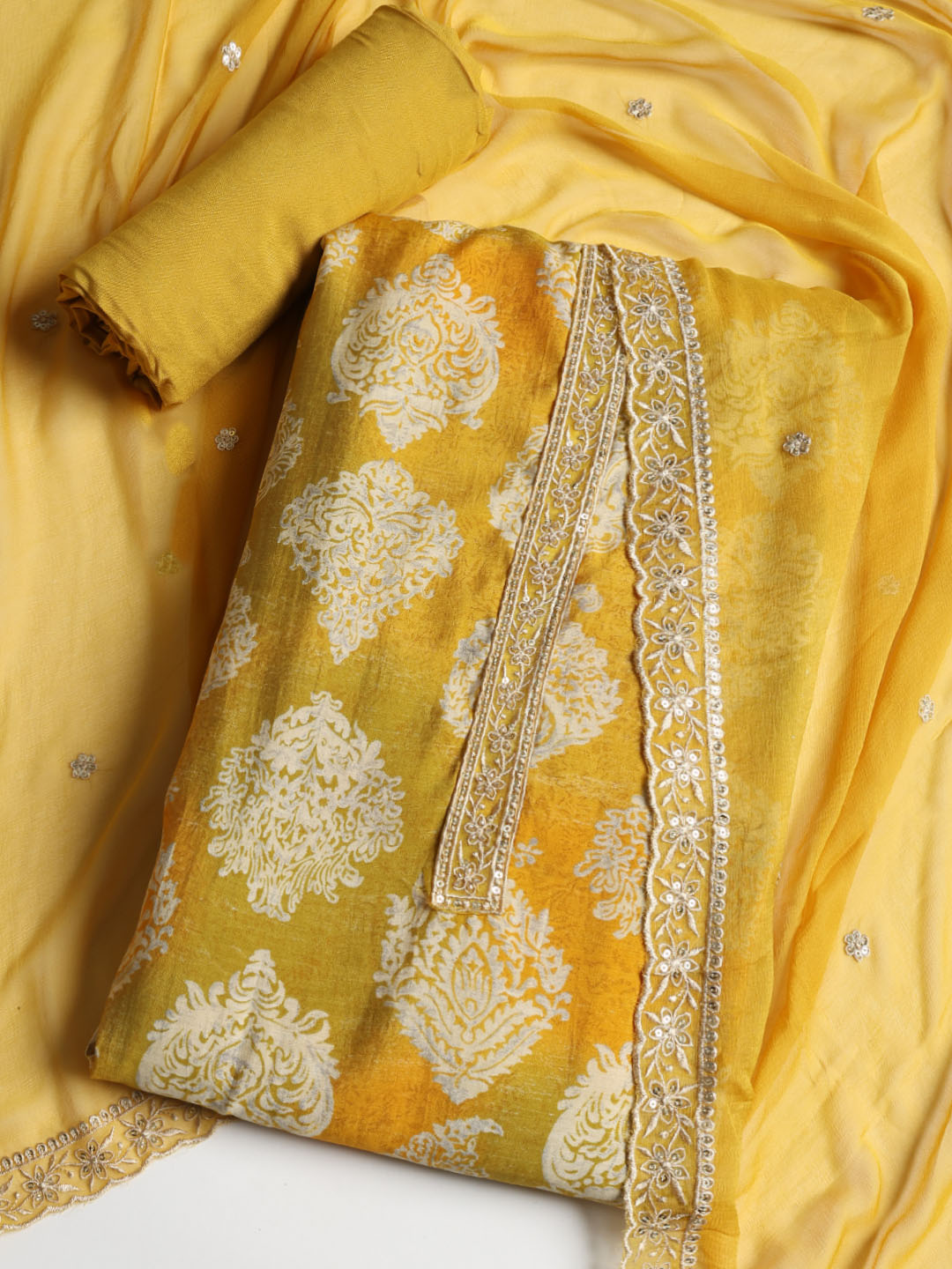 Border With Booti Muslin Unstitched Suit With Dupatta