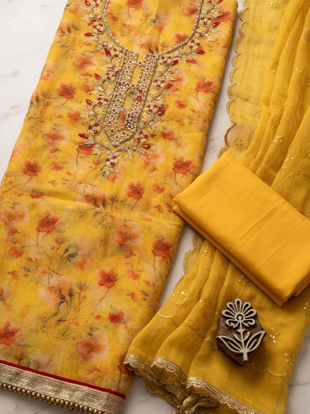 Embroidered Tissue Unstitched Suit With Pant &amp; Dupatta
