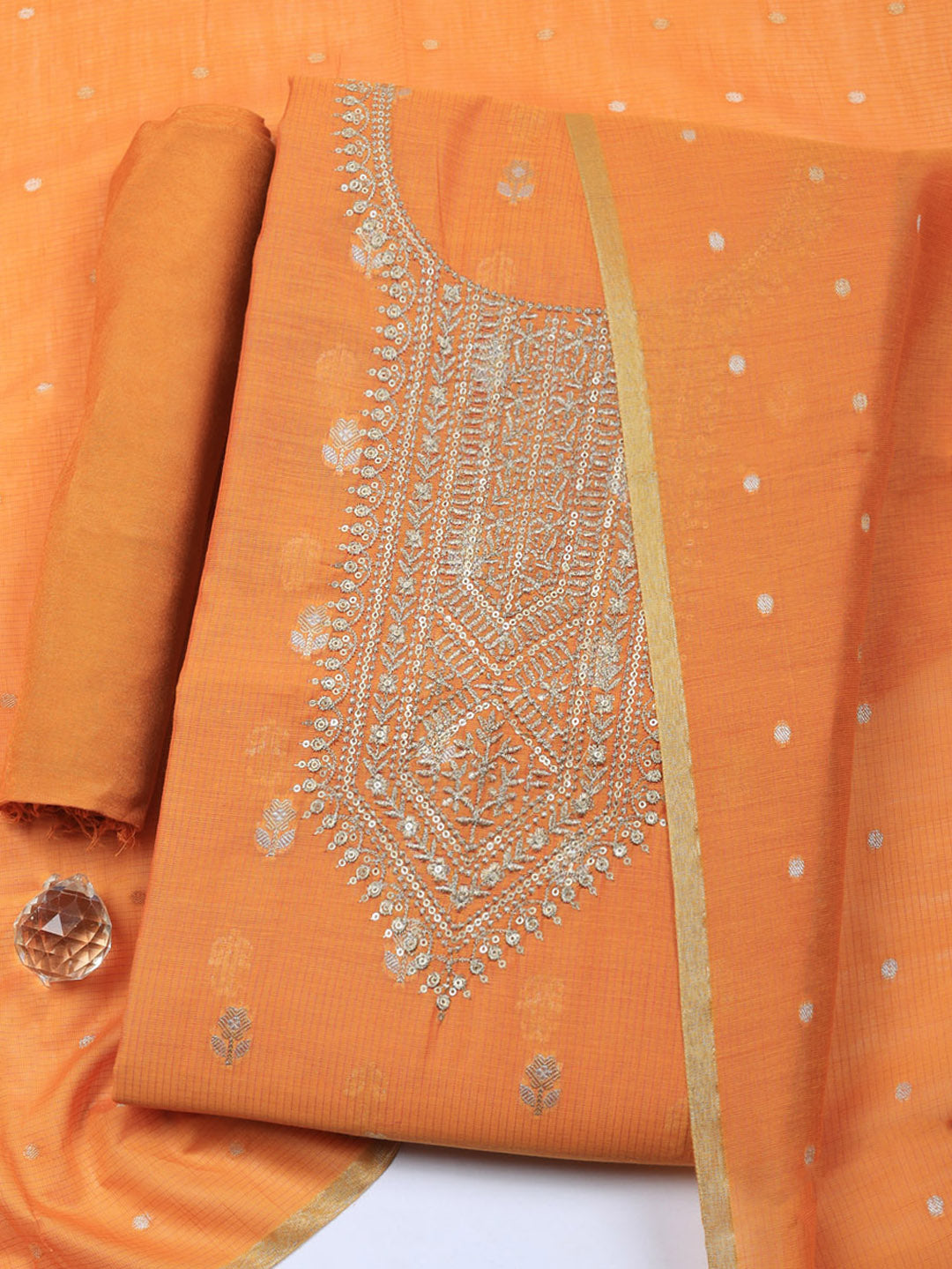 Embroidered Chanderi Unstitched Suit With Pant &amp; Dupatta