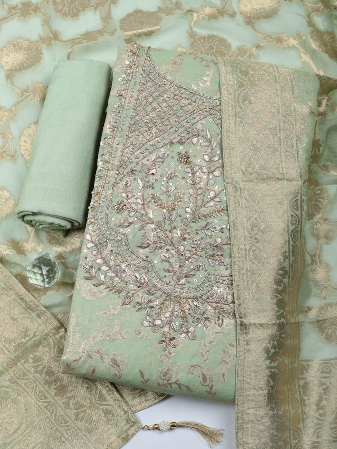 Embroidered Chanderi Unstitched Suit With Pant &amp; Dupatta