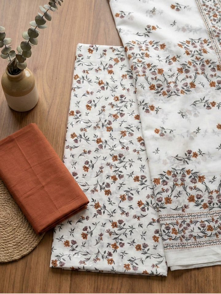 Embroidered Cotton Blend Unstitched Suit With Pant &amp; Dupatta