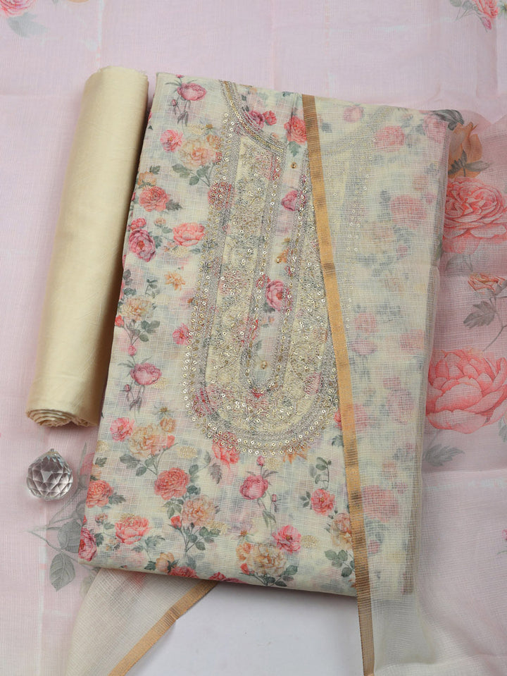 Embroidered Cotton Blend Unstitched Suit With Pant &amp; Dupatta