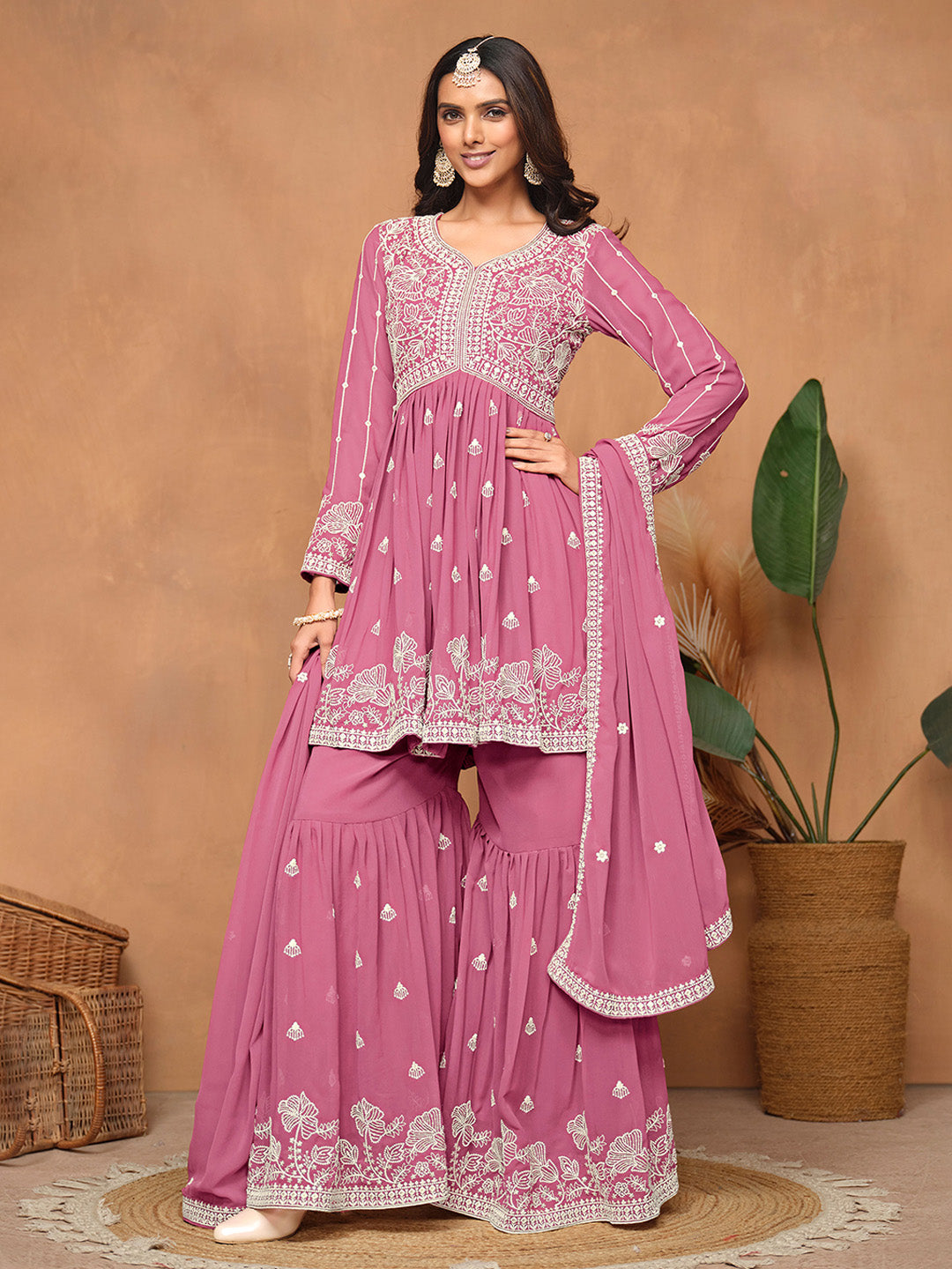 Embroidered Georgette Semi Stitched Kurta With Sharara &amp; Dupatta