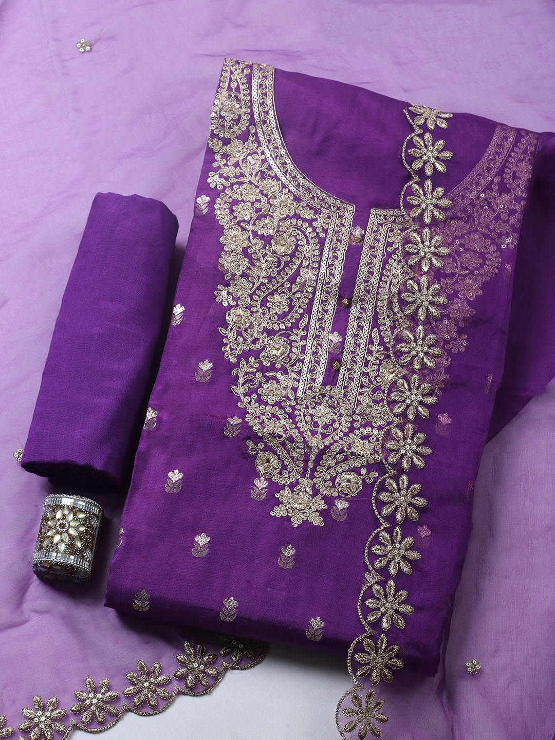 Embroidered Chanderi Unstitched Suit With Pant &amp; Dupatta